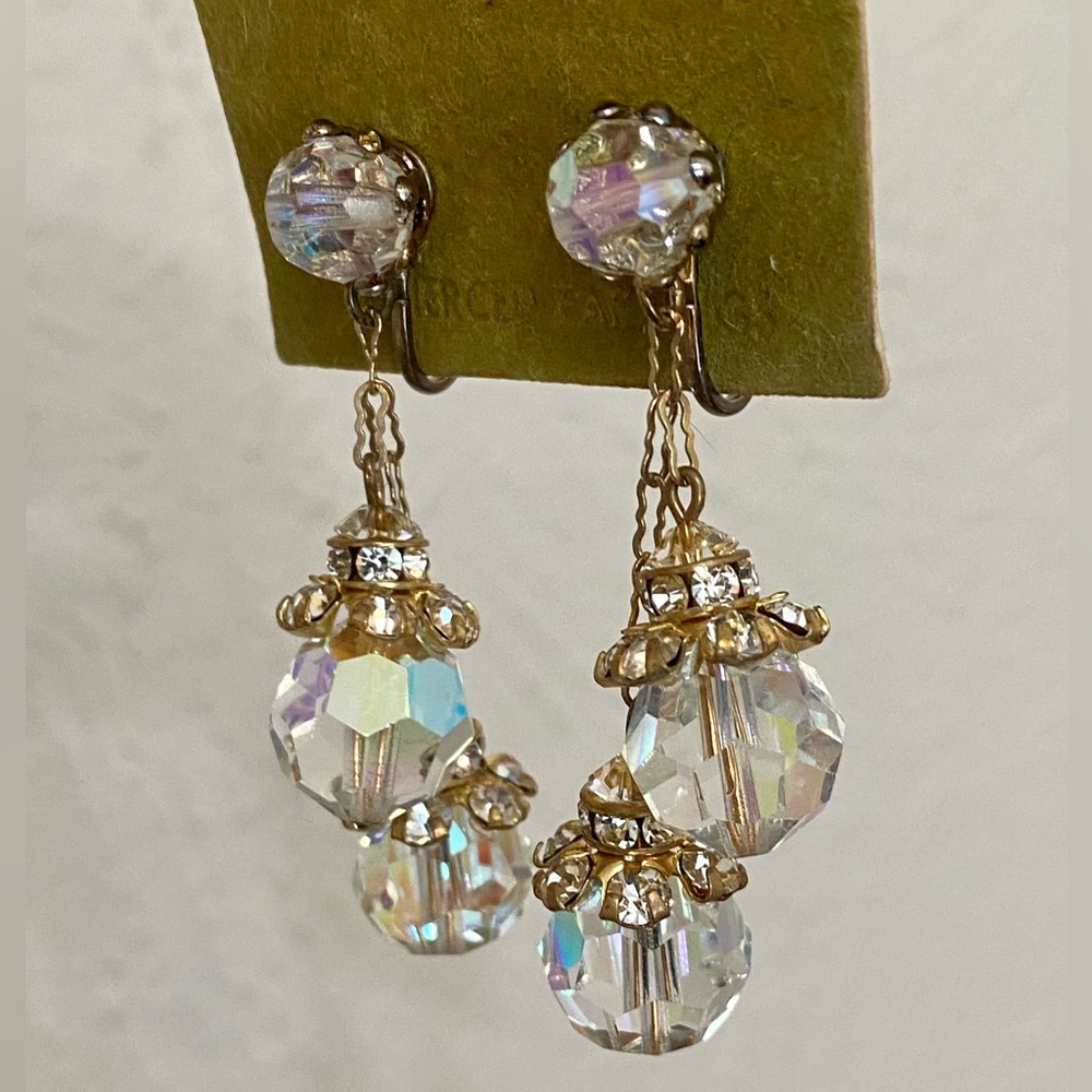 Vintage Aurora Borealis Crystal Drop Clip-on Earrings